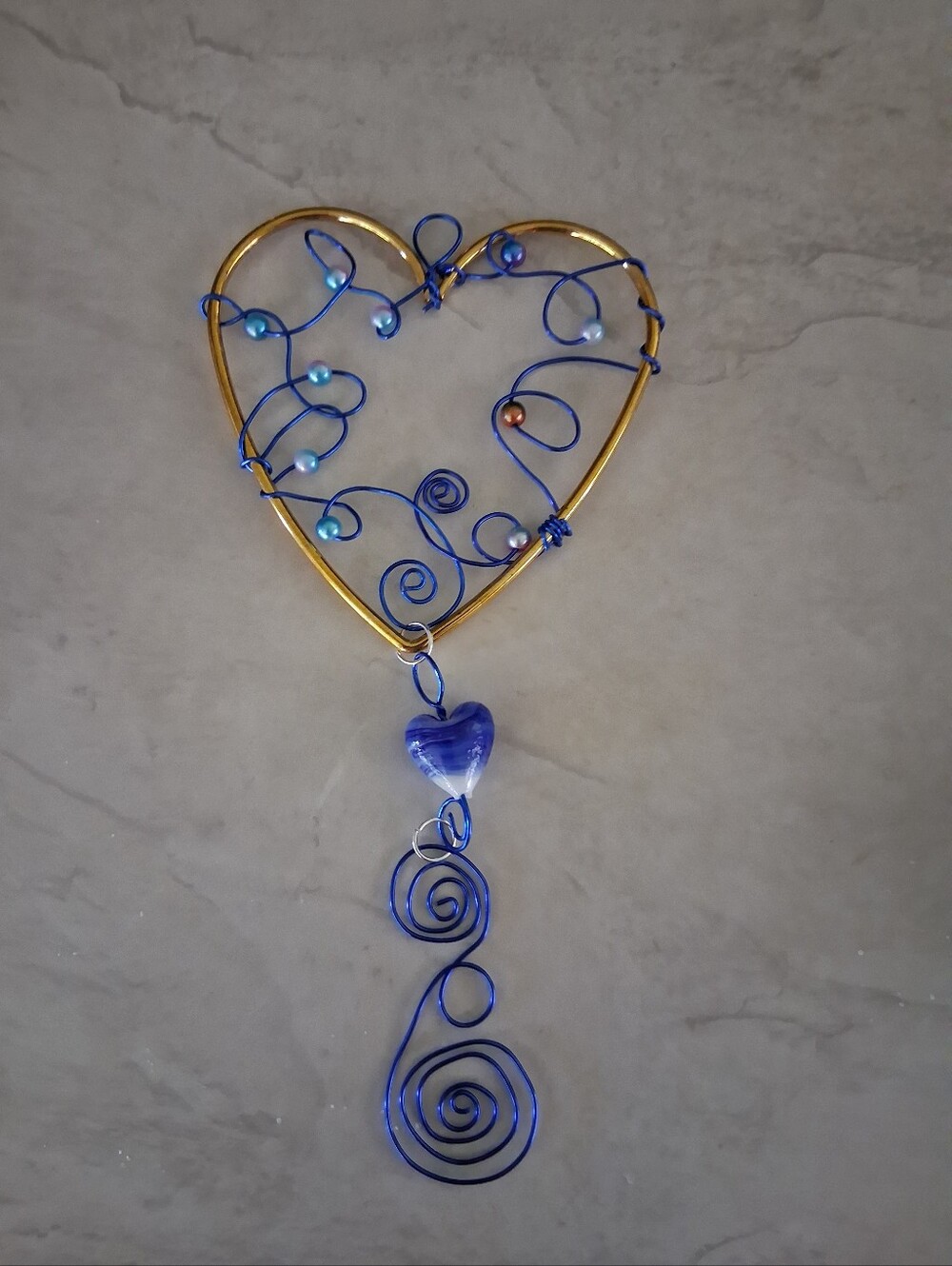 Handcrafted Blue and Gold Heart Sun Catcher